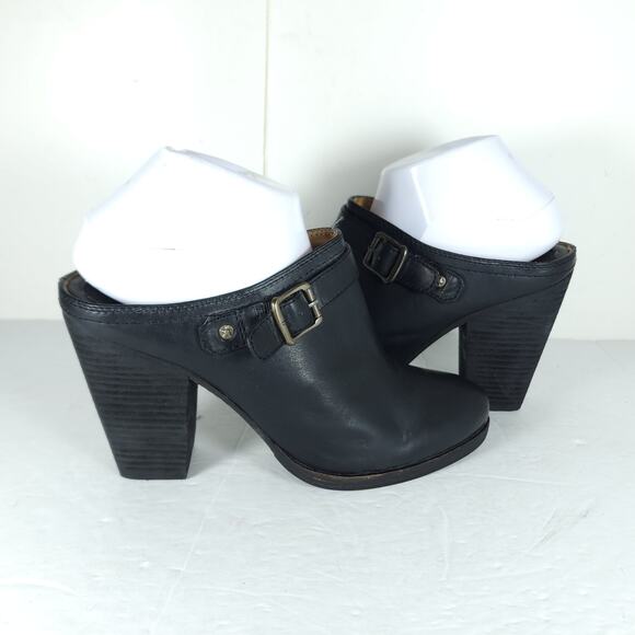 FRYE Women's Patti Slingback US8,5M Black Leather Side Buckle Heeled Mules Clogs - Picture 9 of 16